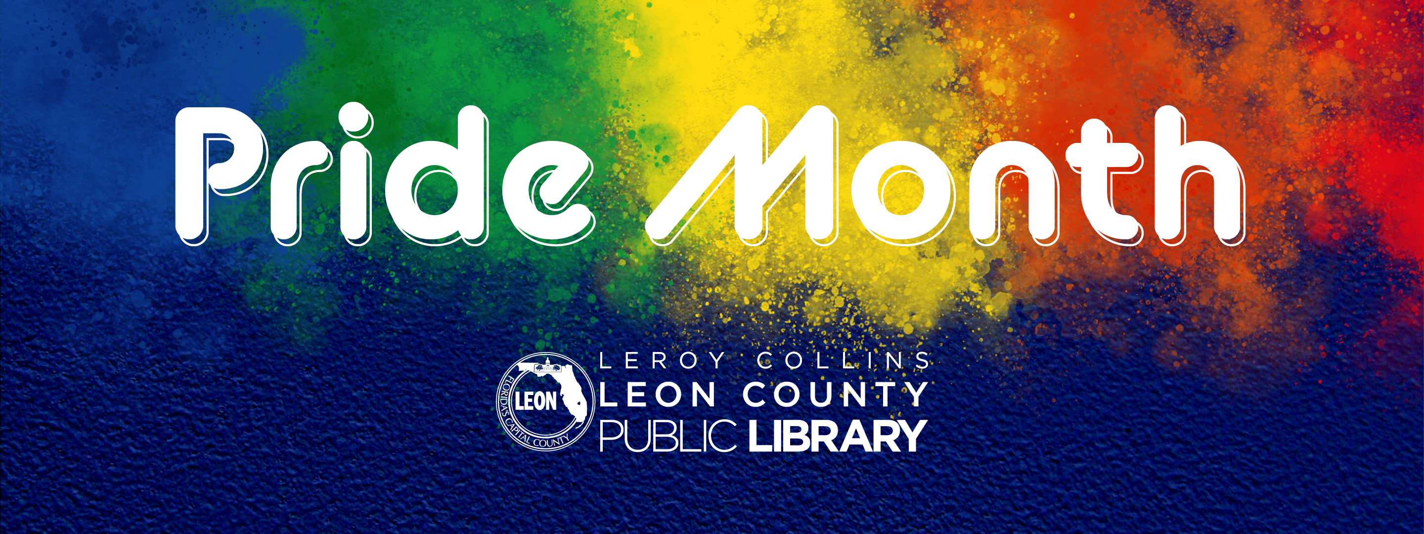Pride Month banner with colorful powder background and Leon County Public Library logo at the bottom.